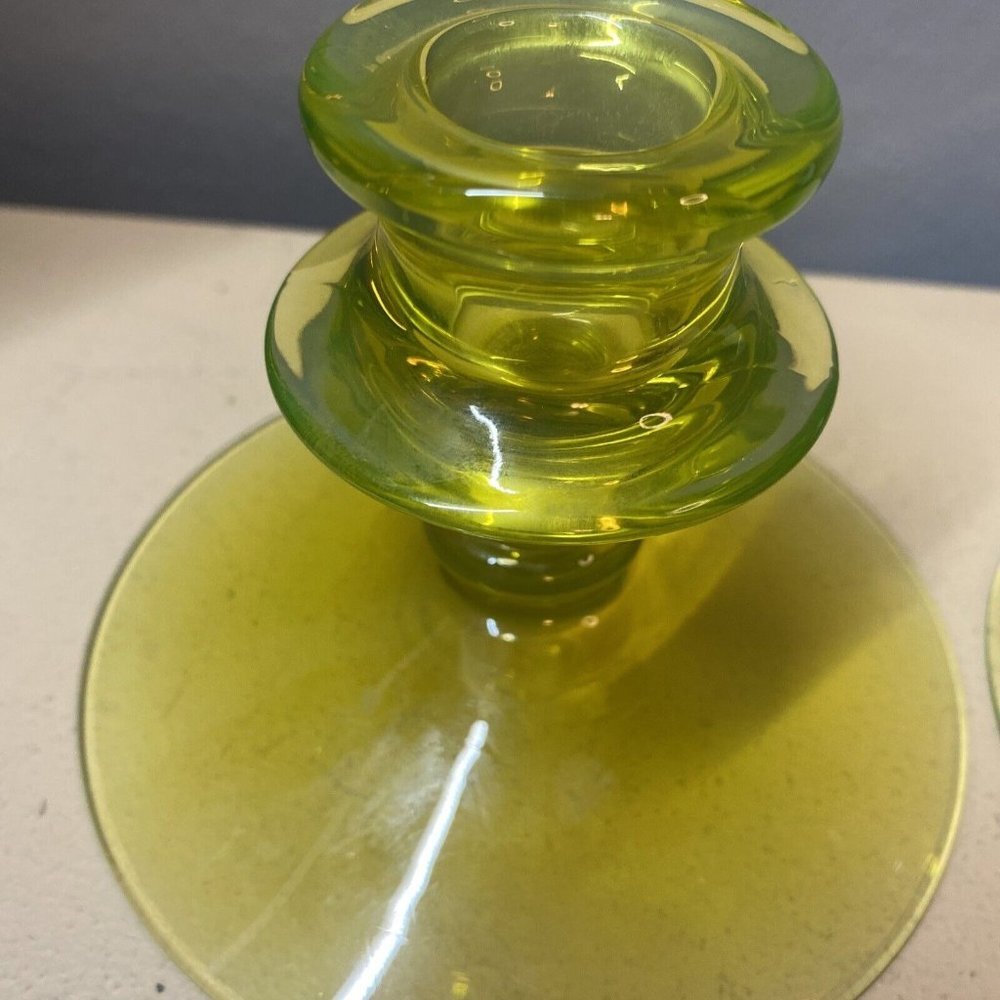 Vintage Green Uranium Vaseline Depression Glass Candlestick Holders Pair - Picture 5 of 9